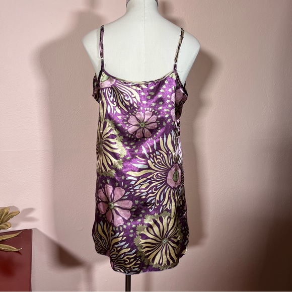 Vintage retro Asian floral royal purple green satin mini slip dress Robe set - Picture 12 of 16
